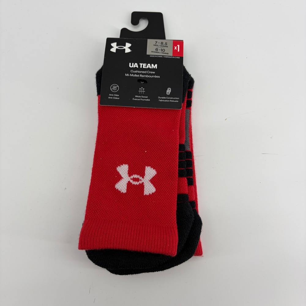 Under Armour UA Team Cushioned Crew Socks Red Black White M 7-8.5 6-10